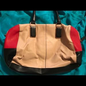 ALDO Color Block Red Black & Tan Bowler Bag